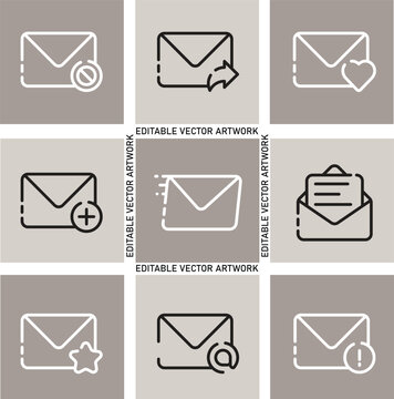 Minimalist email icon set vector artwork, modern mail envelope line symbols for UI design, digital communication graphic icons set