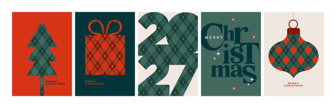 Merry Christmas and Happy New Year. Vector illustrations for holiday greeting card, poster, cover, website and social media banner, marketing material.