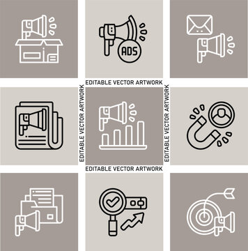  Digital marketing linear icons set, vector megaphones and promotion symbols grid, advertising strategies stroke icons