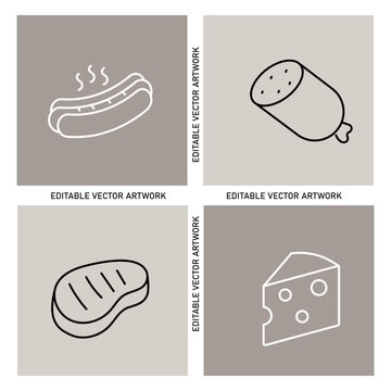 Minimalist meat and dairy line art icon set, modern hotdog sausage steak and cheese vector illustrations for food menu design