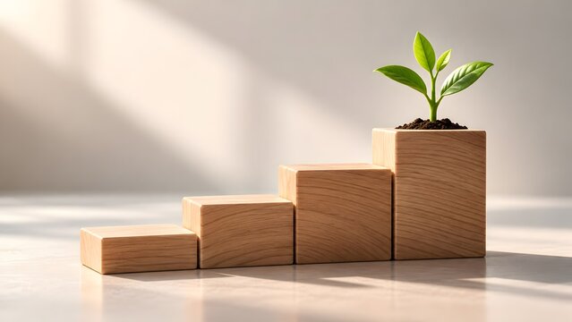 Ascending wooden block chart with growing green seedling at the peak representing sustainable business strategy and progress
