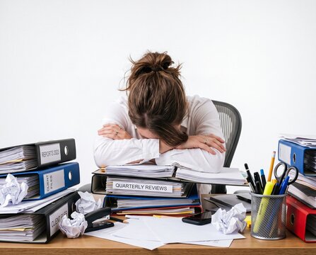 Stressed woman overwhelmed by paperwork and reports at cluttered office desk