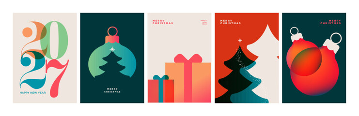 Obraz premium Merry Christmas and Happy New Year. Vector illustrations for holiday greeting card, poster, cover, website and social media banner, marketing material.