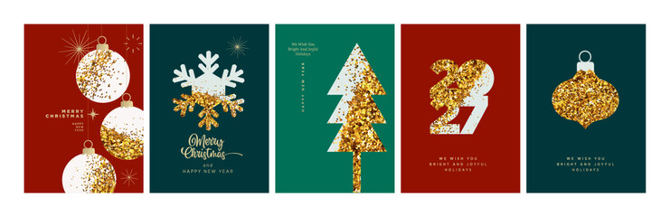 Obraz premium Merry Christmas and Happy New Year. Vector illustrations for holiday greeting card, poster, cover, website and social media banner, marketing material.