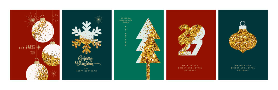 Merry Christmas and Happy New Year. Vector illustrations for holiday greeting card, poster, cover, website and social media banner, marketing material.