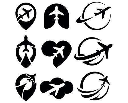 Collection of nine diverse black airplane icons symbolizing global travel, aviation, flight routes, and destination pin locations.