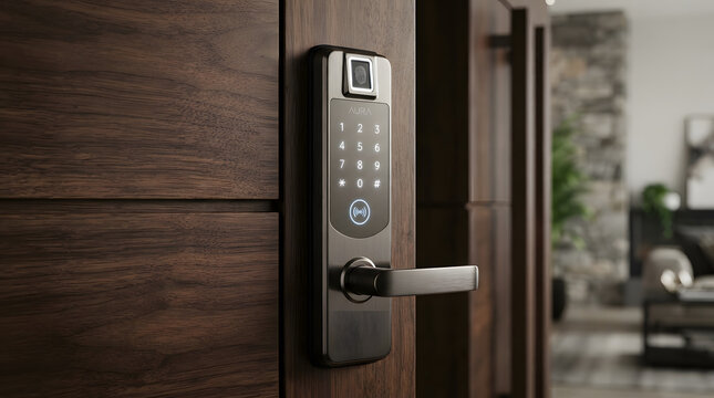 Modern smart door lock with digital keypad and fingerprint scanner on a wooden door