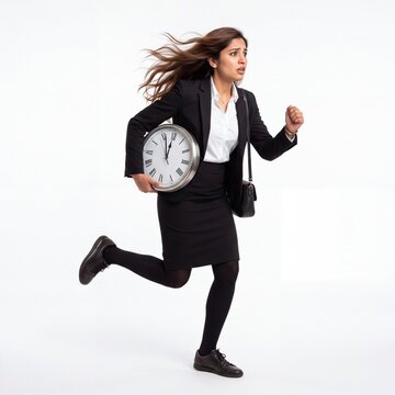 Professional businesswoman in black suit running and holding a large clock showing a few minutes to twelve, expressing a