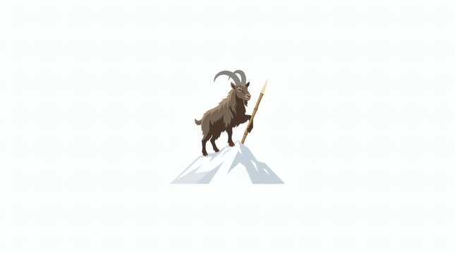 Mountain goat standing on a snowy peak holding a flag stick, isolated on a white background.