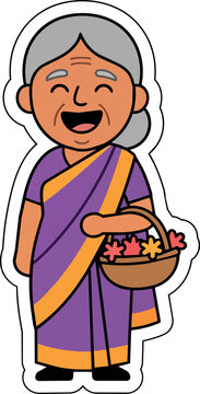 Smiling Indian Grandmother Holding a Basket of Flowers