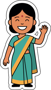 Smiling Indian Woman Wearing a Sari and Waving