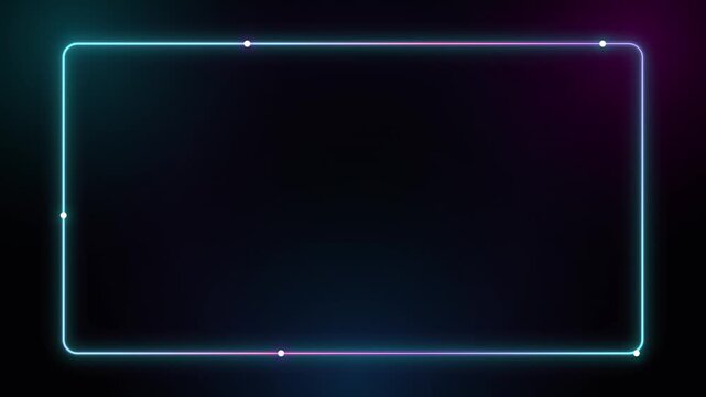 Glowing neon rectangular frame with moving light dots on a dark background loop