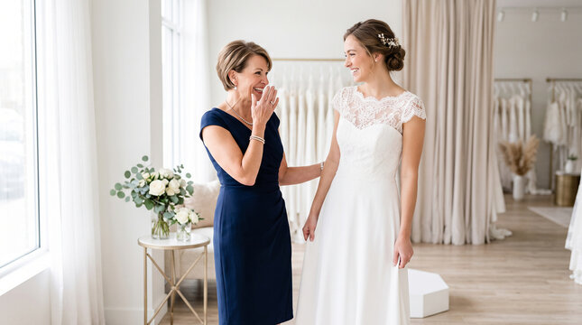 Proud mother reacting to daughter trying on her wedding dress