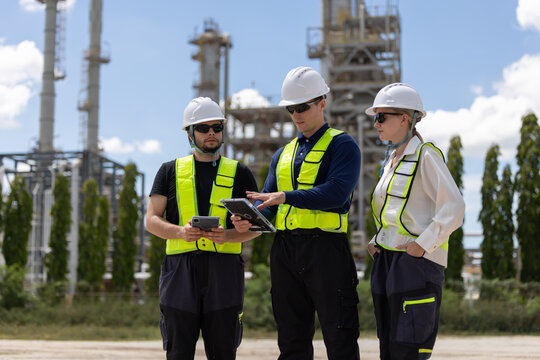 Group of petroleum engineers having a discussion at the site