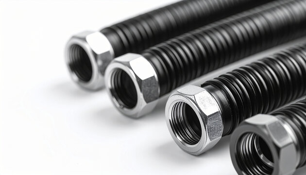 Black industrial flexible hoses with silver metal connectors and threaded fittings, isolated on white background, professional industrial product. Close-up.