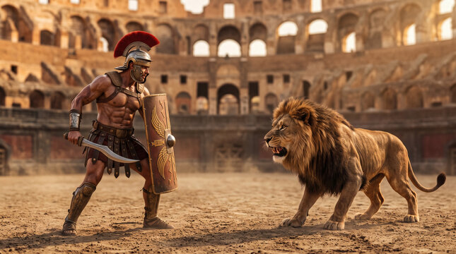 epic gladiator vs lion standoff in golden hour dramatic photorealistic roman colosseum warrior battle scene for graphy
