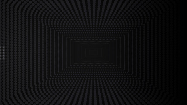 Dark halftone dot tunnel background with concentric rectangular perspective pattern for technology and abstract design projects
