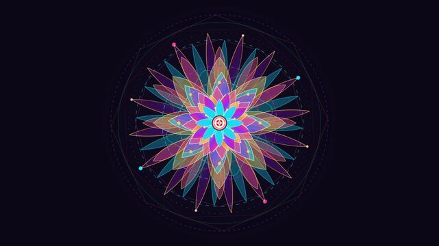 Colorful geometric floral mandala rotating smoothly over dark cosmic background