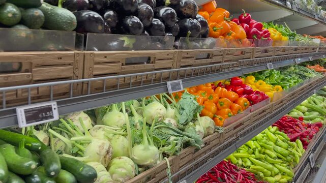 Fresh vegetables are neatly arranged in tiered supermarket displays. Slow camera move passes bright peppers, eggplants, zucchini, and greens, emphasizing colorful produce and convenient food shopping.