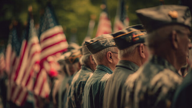 American flags and veterans in formation during a patriotic memorial day event