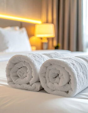 Rolled white cotton towels on luxurious hotel bed, white duvet, bedroom interior. Close-up.