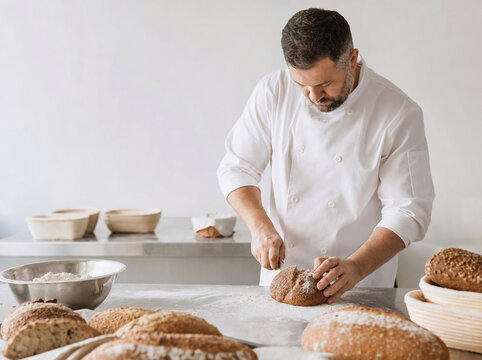 Baker in a white chef coat preparing fresh bread dough in a bright kitchen.