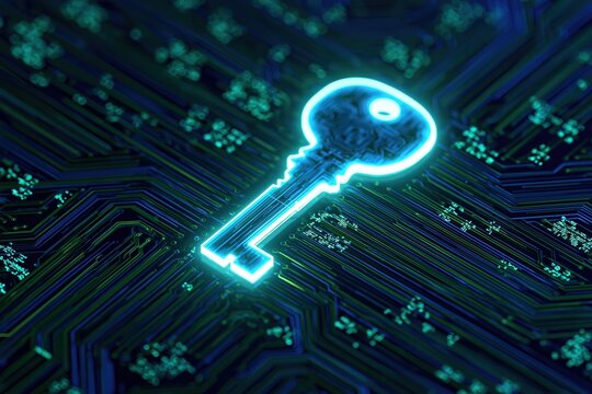 Key glowing on a circuit board representing digital cybersecurity and secure network data access