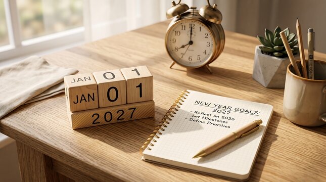 Wooden Block Calendar Showing January 1 2027 with New Year Goals Checklist Notebook on Desk