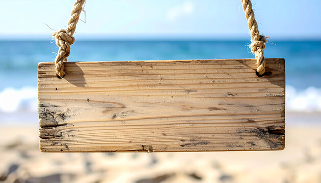 Plain unfinished wooden sign hanging from natural rope, blurred beach setting, soft sand and distant ocean. Close-up.