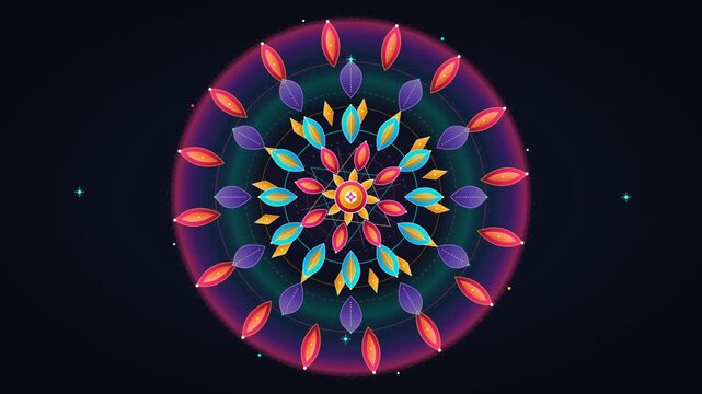 Colorful geometric mandala pattern rotating smoothly on dark backdrop for spiritual meditation ambiance