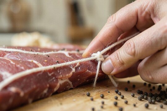 Professional Salumiere Tying Butcher Twine Around Cured Coppa Meat Cut