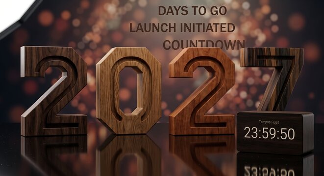 2027 Wooden Numbers with Midnight Countdown Clock on Glossy Surface