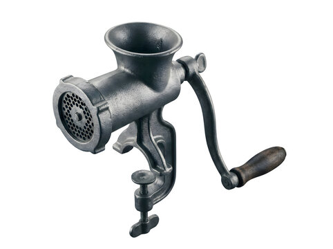 Vintage manual grain grinder with wooden handle on transparent background.