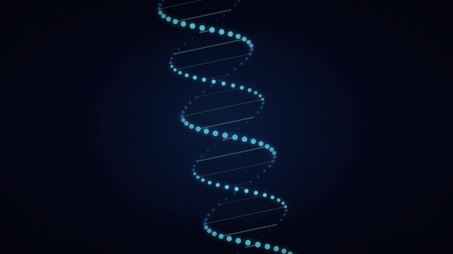 Glowing blue DNA helix structure rotating and evolving against a dark background representing genetic code and molecular biology