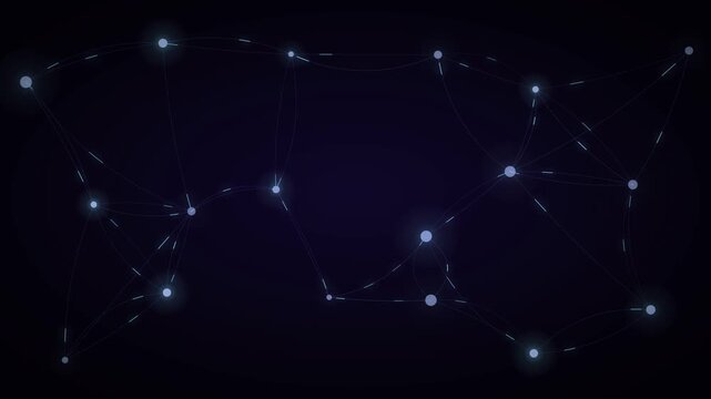 Abstract neural network visualization with glowing nodes and connecting lines on a dark background, representing data flow and connections