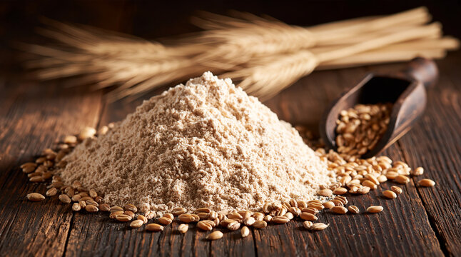Pile of flour with wheat grains and stalks on a rustic wooden table.