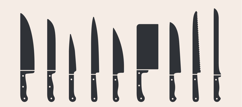 Knife, collection. Meat cutting kitchen knives set. Poster butcher diagram scheme, Meat Knife. Set butcher meat knives, butcher kitchen shop. Knife icon, knives silhouette. Vector illustration