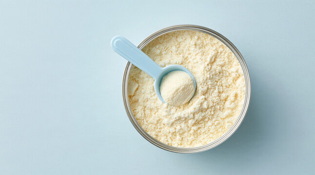 Powdered milk in a tin with a blue spoon, isolated on a light blue background. Baby food concept for packaging.