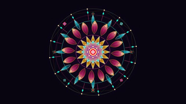 Colorful Sacred Mandala Rotating Geometric Flower Pattern on Black