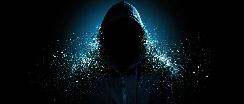 Hooded faceless figure dissolving into glowing blue digital particles on a dark abstract background