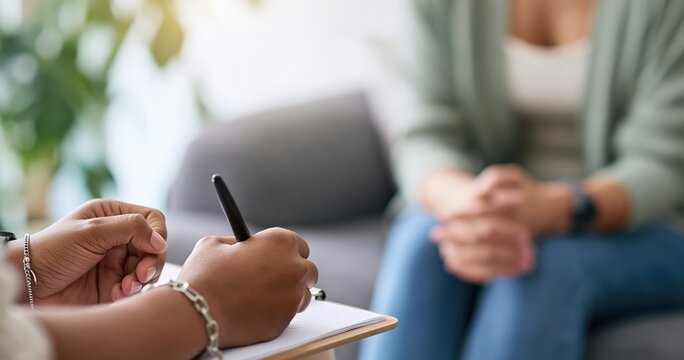 Therapy session with a therapist taking notes during a counseling conversation with a patient