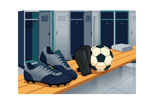 Soccer cleats and shin guards rest beside a ball