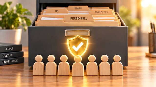 Wooden figures and glowing checkmark shield in front of personnel filing cabinet representing employee data privacy