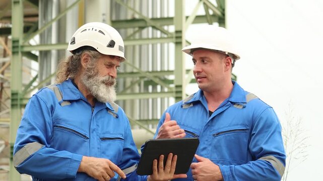 Senior male petrochemical engineer with helmet in safety uniform discussing with young coworker at oil petroleum refinery plant. Industrial workers check data on tablet together at petroleum factory.