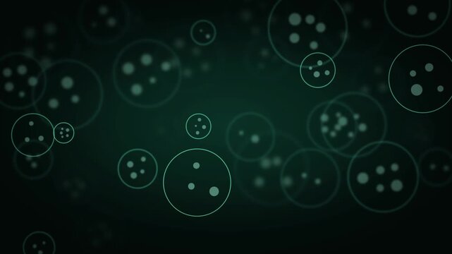 Abstract scientific animation of cell culture growth and division with glowing particles in a dark teal background