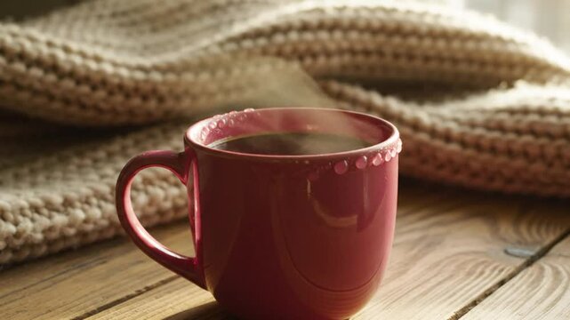 Cozy morning coffee in a red mug with steam rising, near a warm chunky knit blanket on a wooden table.