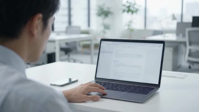 オフィスでノートパソコンを操作するビジネスマンの後ろ姿、デスクワーク