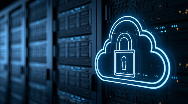 A glowing blue neon cloud icon with a padlock floats before server racks in a data center. Represents secure cloud computing and digital cybersecurity infrastructure.