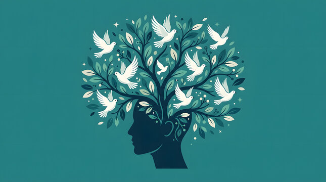 Dark human profile silhouette with tree branches and white doves for peace themes.