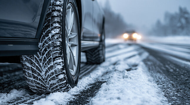 Close-up of a car's winter tire with deep tread driving on a snow-covered road under cloudy skies. Represents safe winter driving and cold weather conditions.